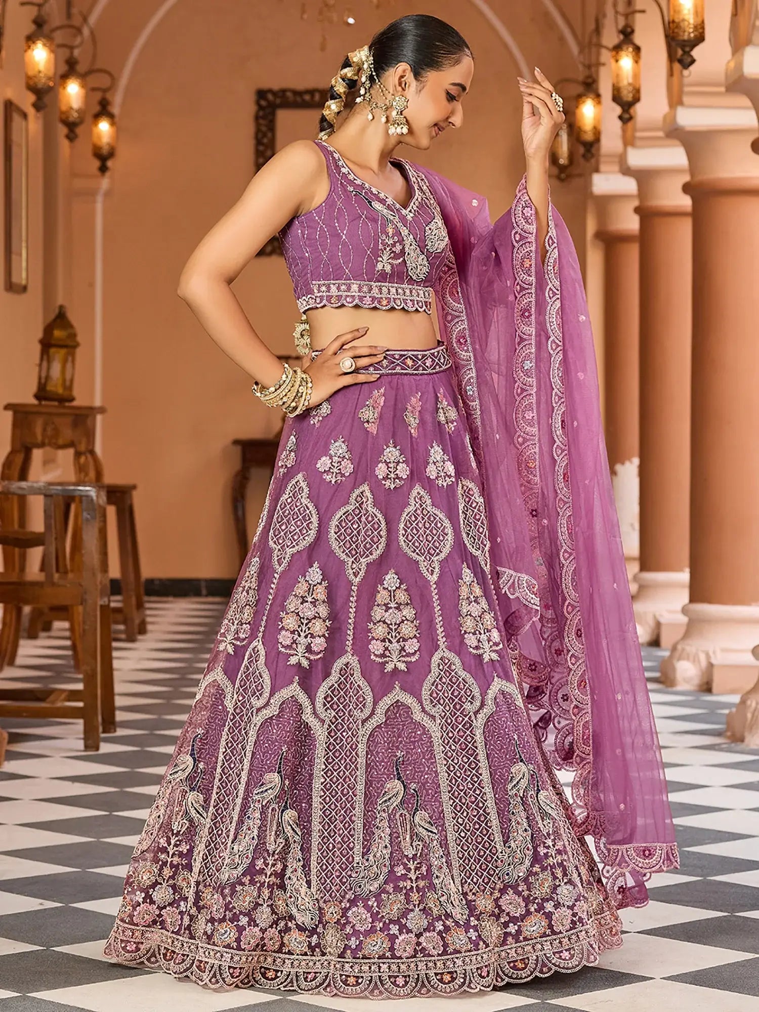 Awesome Lavender Sequins Embroidered Net Reception Wear Lehenga Choli