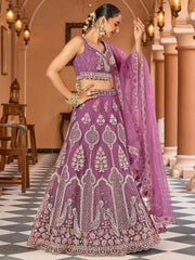 Awesome Lavender Sequins Embroidered Net Reception Wear Lehenga Choli