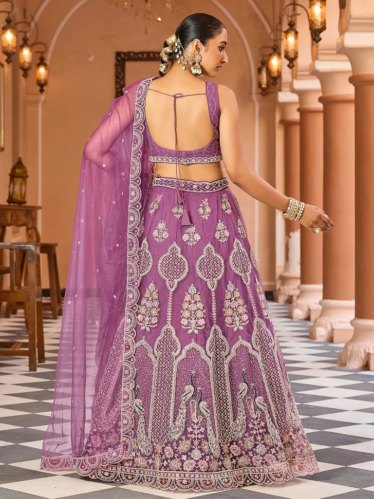 Awesome Lavender Sequins Embroidered Net Reception Wear Lehenga Choli