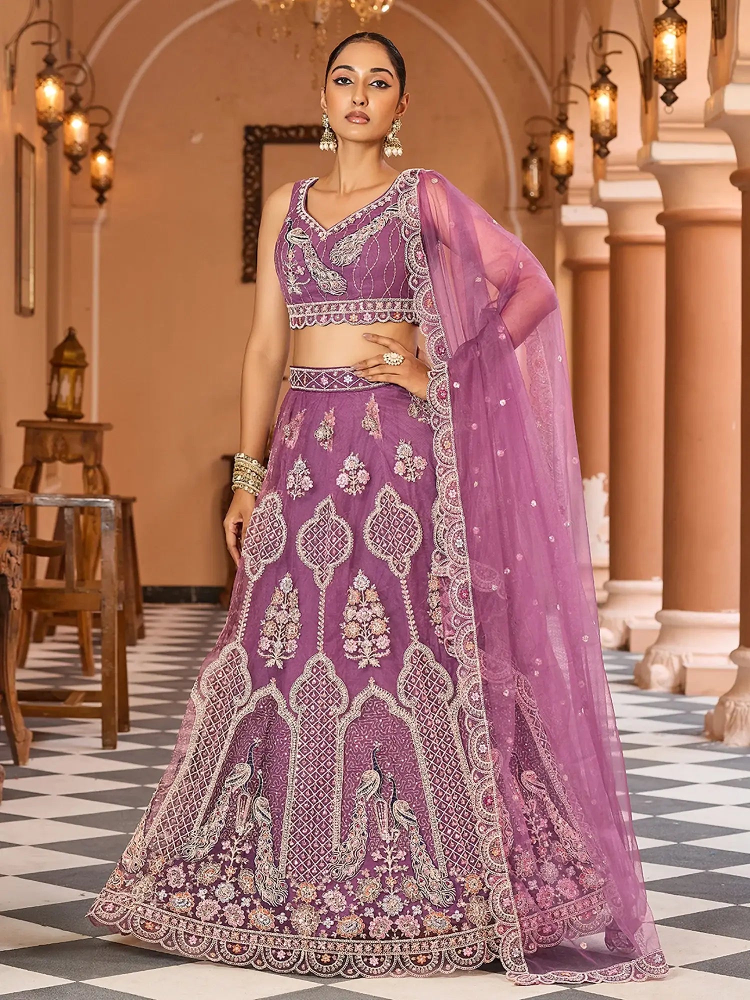 Awesome Lavender Sequins Embroidered Net Reception Wear Lehenga Choli