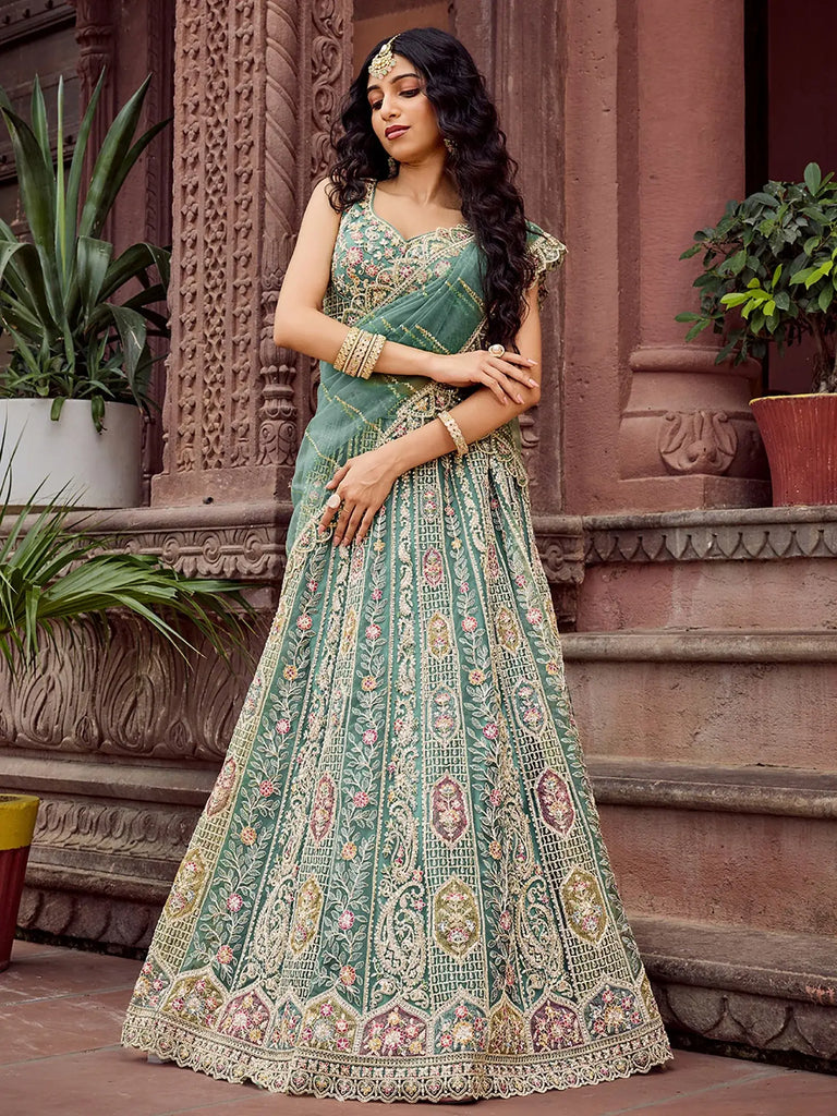Sparkling Green Thread Embroidered Net Bridesmaid Lehenga Choli