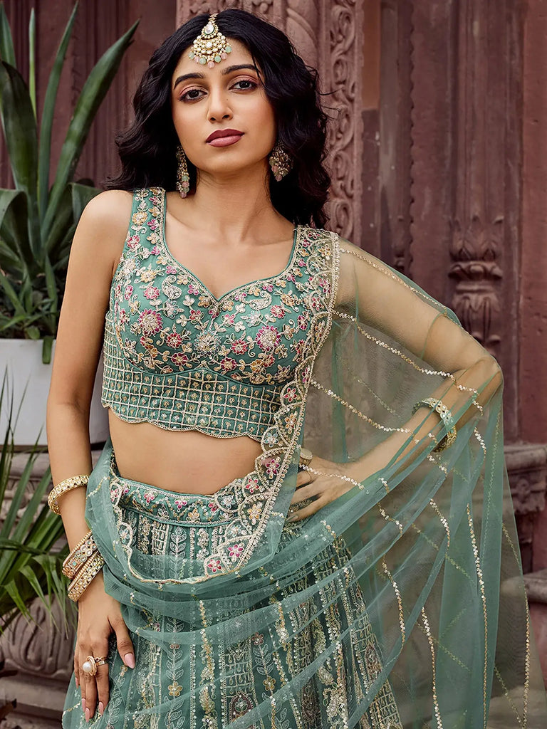 Sparkling Green Thread Embroidered Net Bridesmaid Lehenga Choli