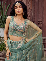 Sparkling Green Thread Embroidered Net Bridesmaid Lehenga Choli