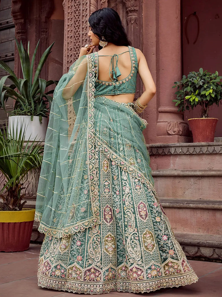 Sparkling Green Thread Embroidered Net Bridesmaid Lehenga Choli