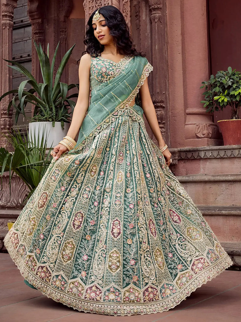 Sparkling Green Thread Embroidered Net Bridesmaid Lehenga Choli