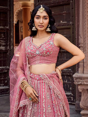 Glowing Rose Gold Sequins Embroidered Net Engagement Lehenga Choli