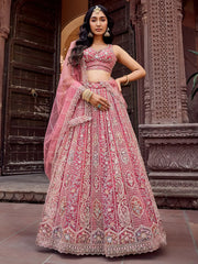 Glowing Rose Gold Sequins Embroidered Net Engagement Lehenga Choli