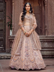 Stylish Beige Sequins Embroidered Net Wedding Lehenga Choli