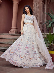 Captivating Cream Thread Embroidered Net Reception Wear Lehenga Choli