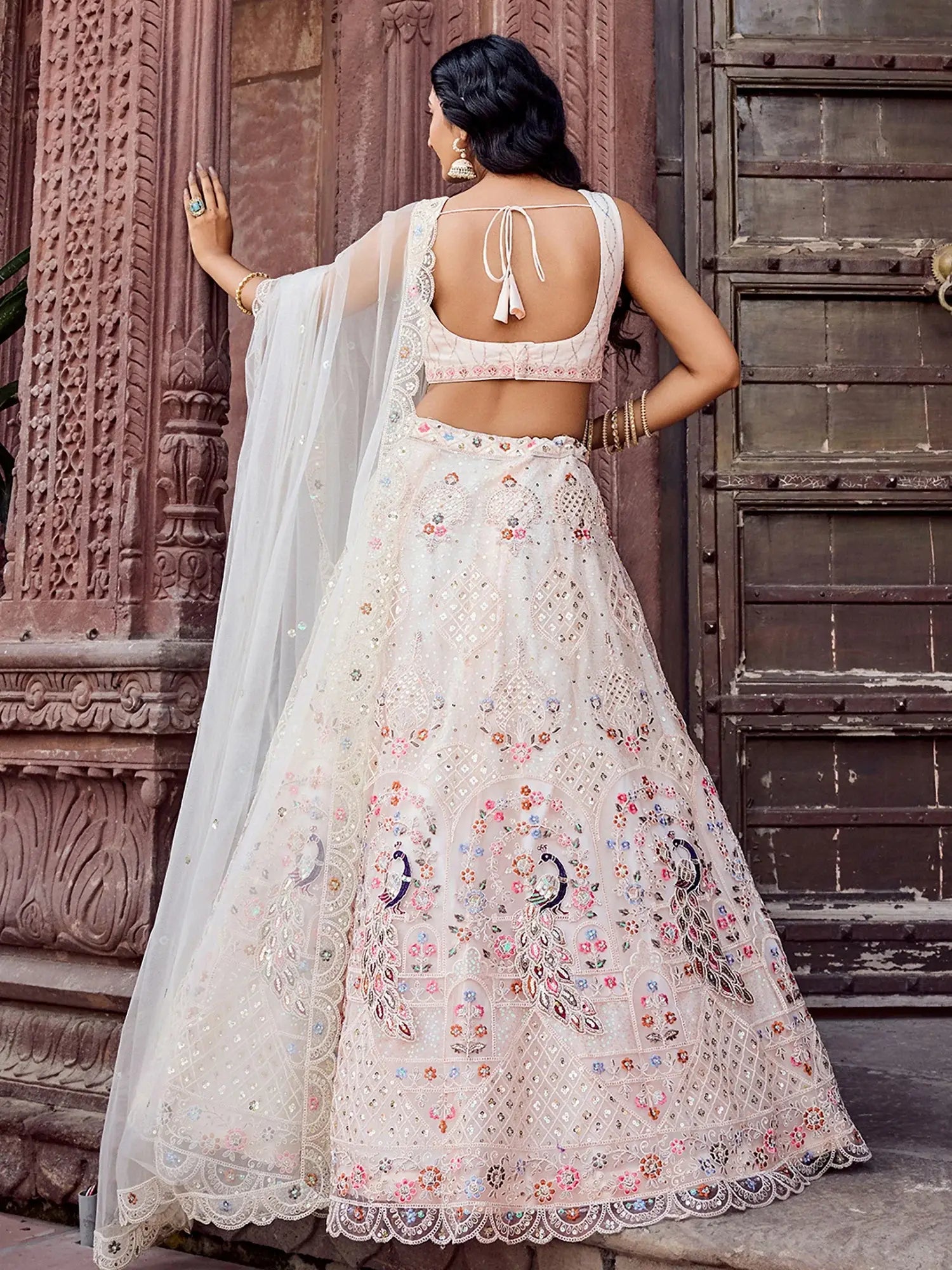 Adorable Cream Sequins Embroidered Net Bridesmaid Lehenga Choli