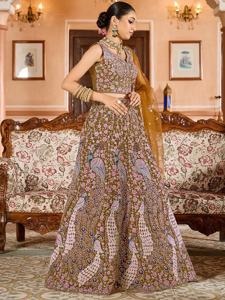 Fabulous Mustard Sequins Embroidered Net Bridesmaid Lehenga Choli