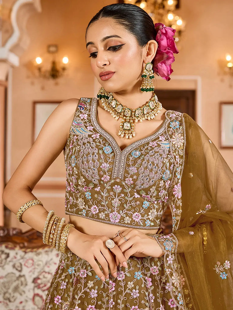 Fabulous Mustard Sequins Embroidered Net Bridesmaid Lehenga Choli