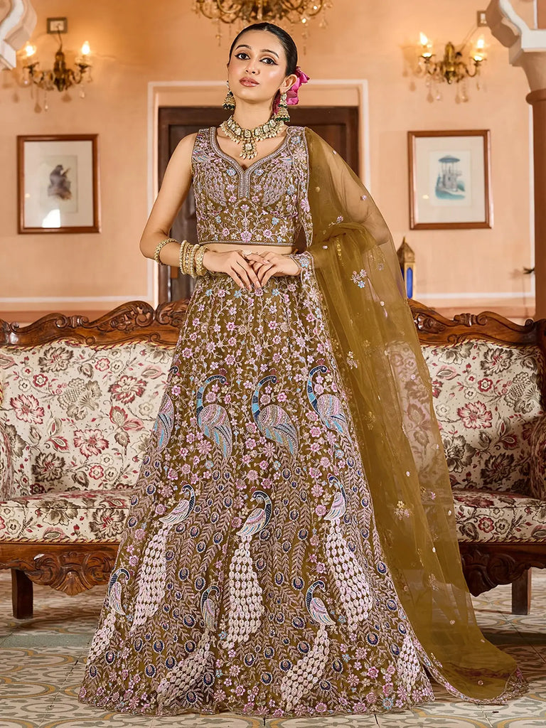 Fabulous Mustard Sequins Embroidered Net Bridesmaid Lehenga Choli