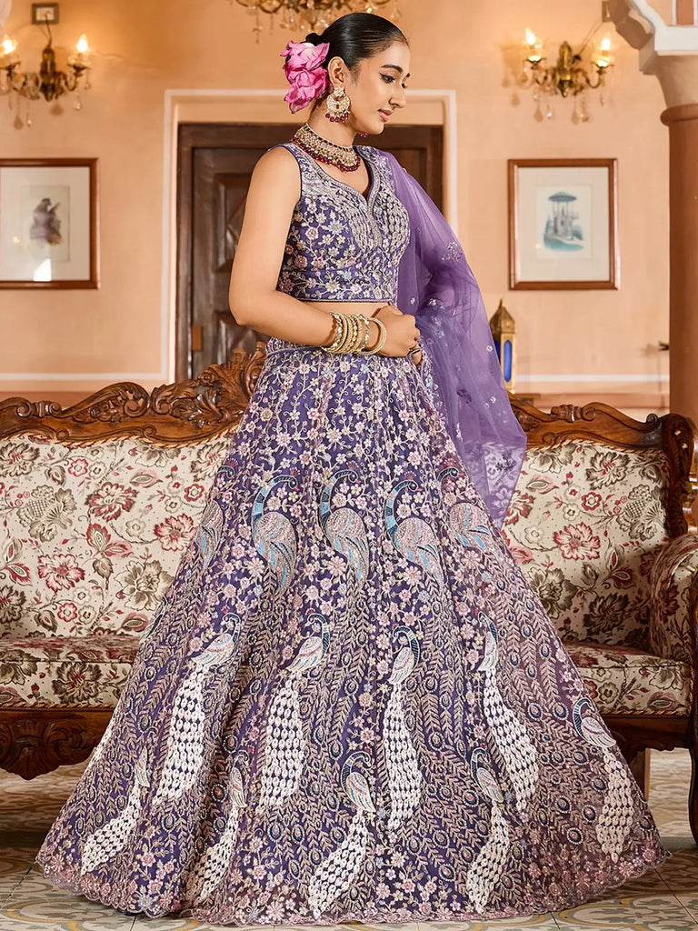 Fantastic Purple Thread Embroidered Net Engagement Lehenga Choli