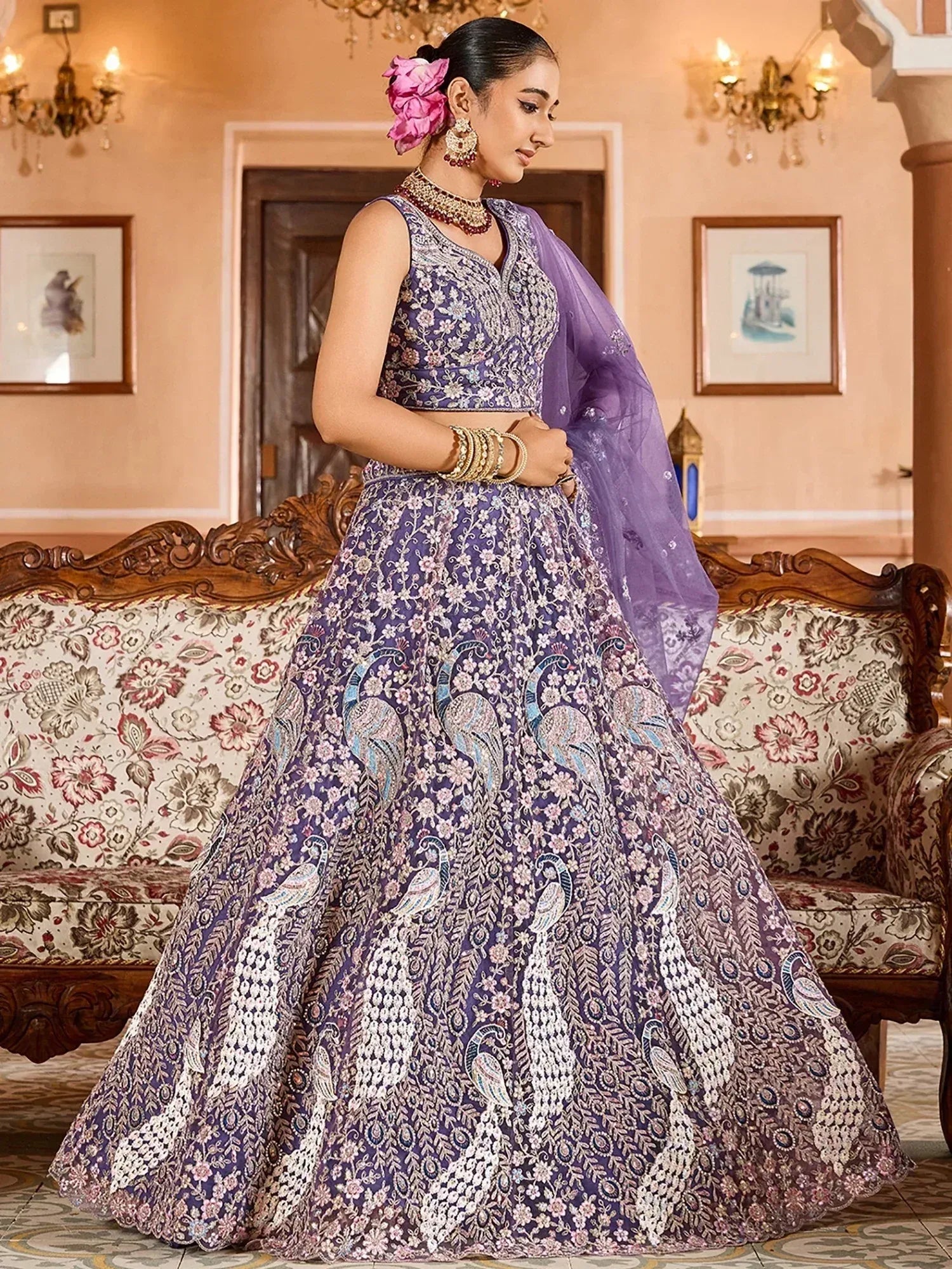 Fantastic Purple Thread Embroidered Net Engagement Lehenga Choli