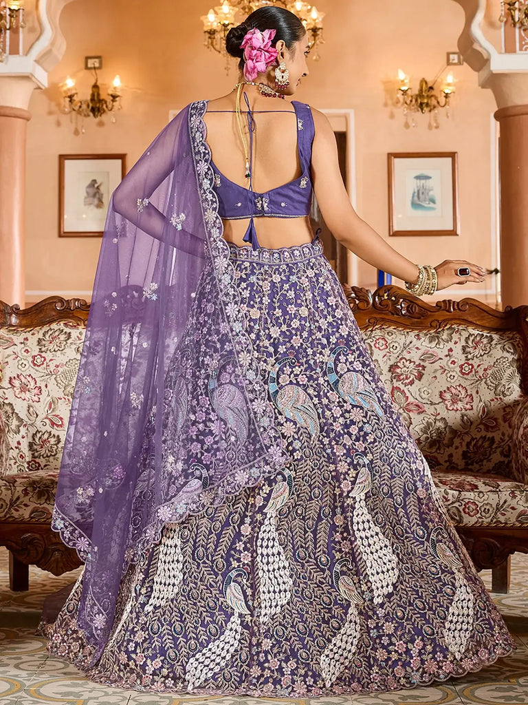 Fantastic Purple Thread Embroidered Net Engagement Lehenga Choli