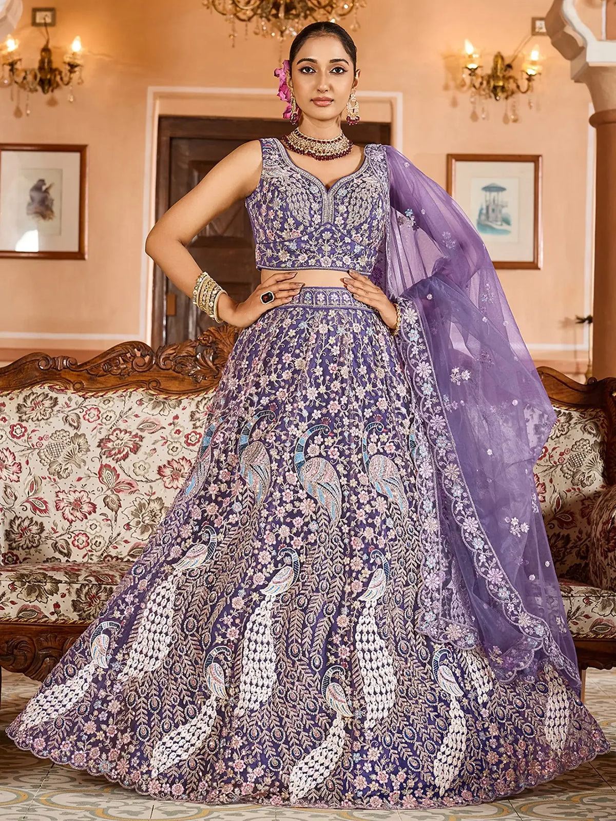 Fantastic Purple Thread Embroidered Net Engagement Lehenga Choli