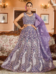 Fantastic Purple Thread Embroidered Net Engagement Lehenga Choli