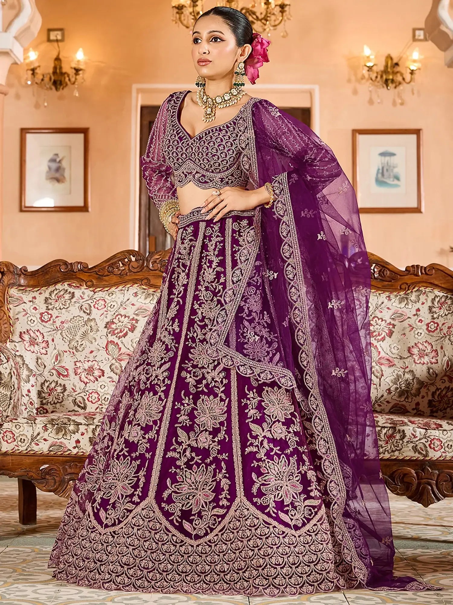 Awesome Burgundy Thread Embroidered Net Bridesmaid Lehenga Choli