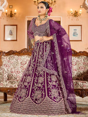 Awesome Burgundy Thread Embroidered Net Bridesmaid Lehenga Choli