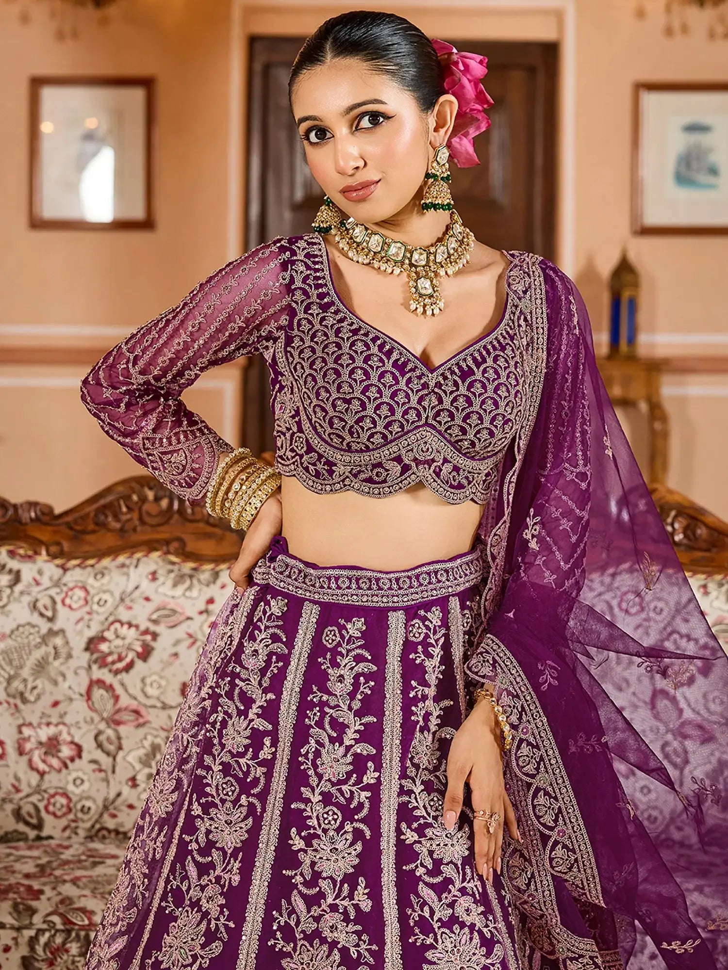 Awesome Burgundy Thread Embroidered Net Bridesmaid Lehenga Choli