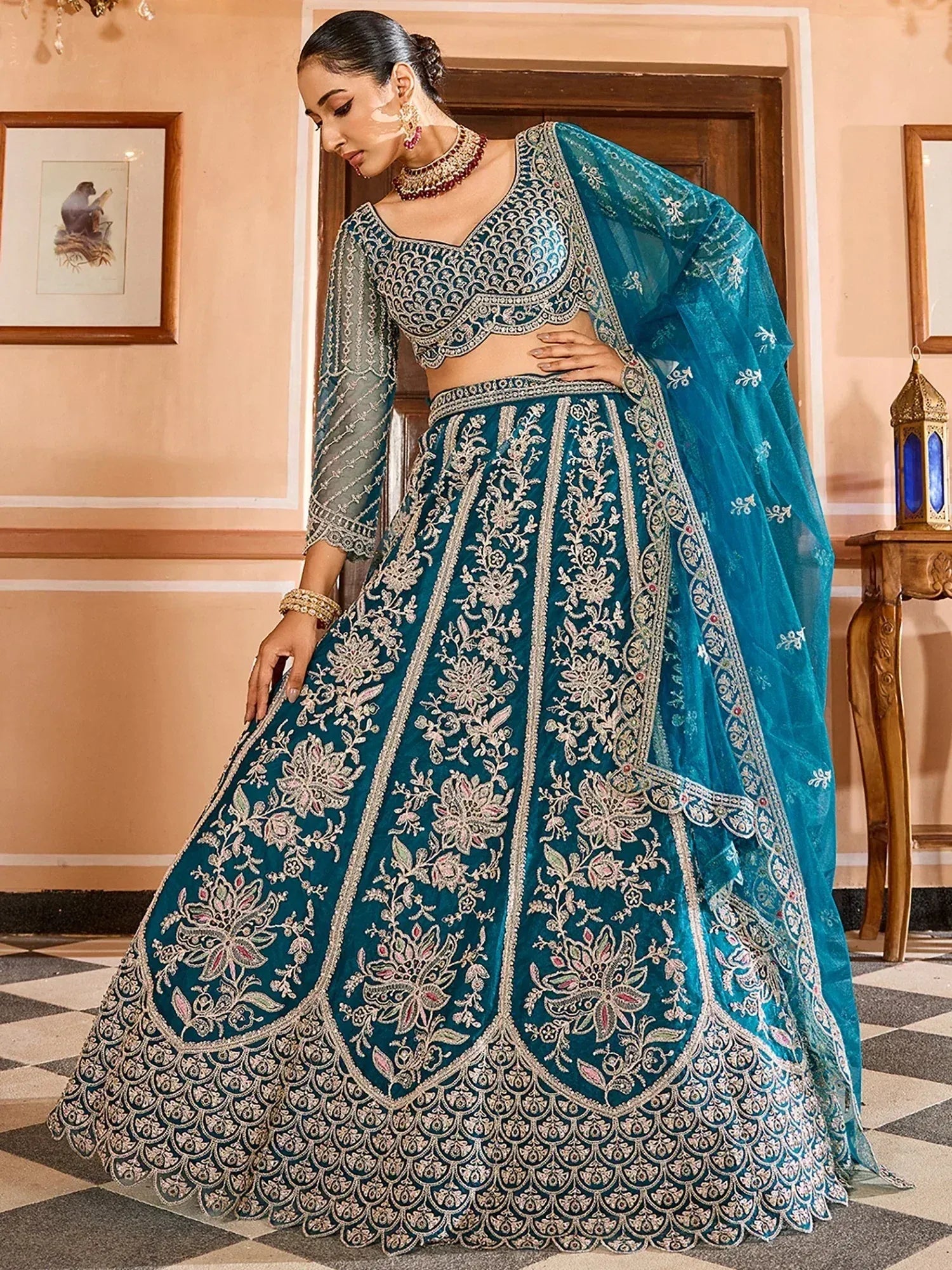 Gorgeous Teal Blue Sequins Embroidered Net Wedding Wear Lehenga Choli