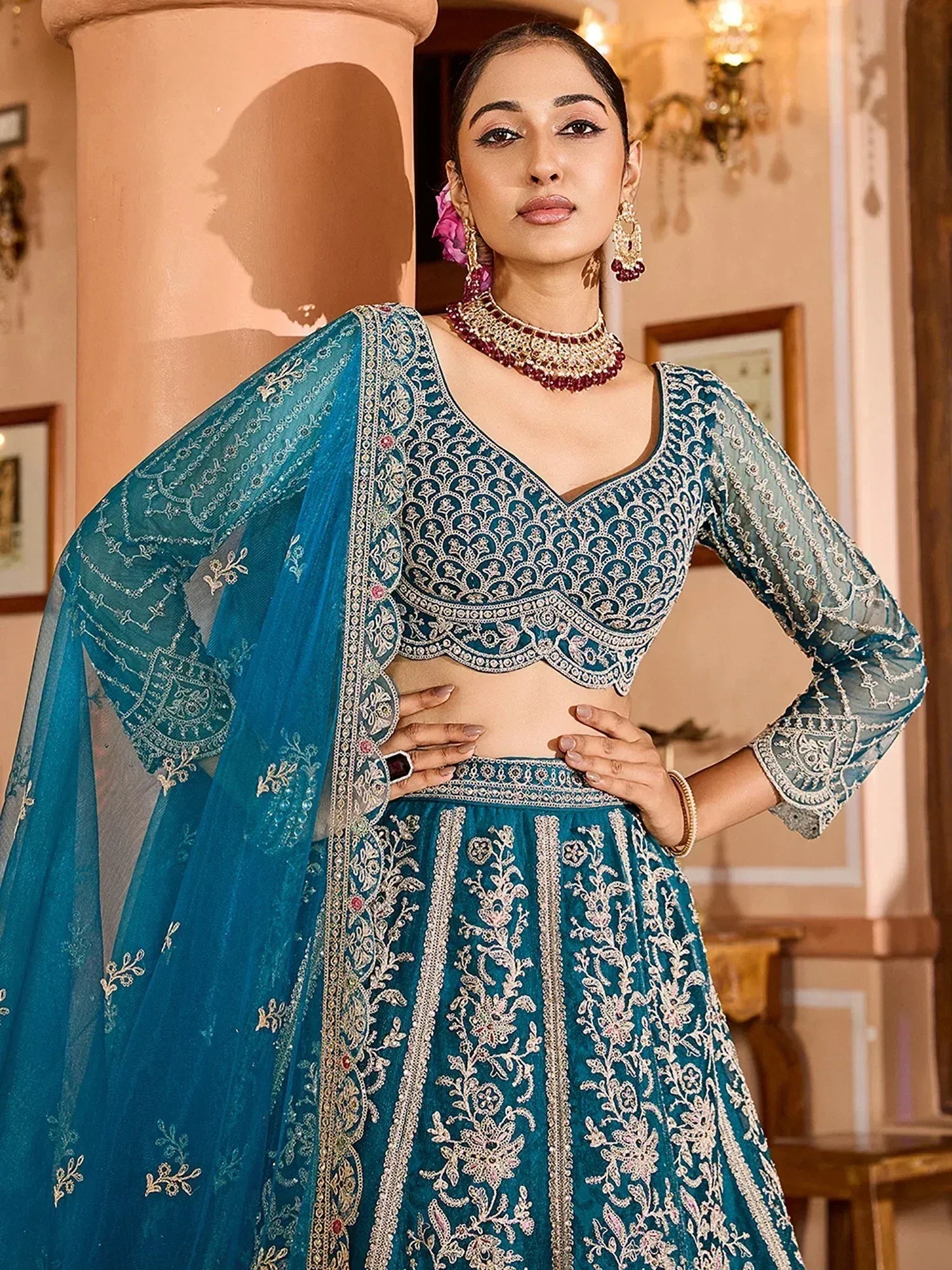 Gorgeous Teal Blue Sequins Embroidered Net Wedding Wear Lehenga Choli