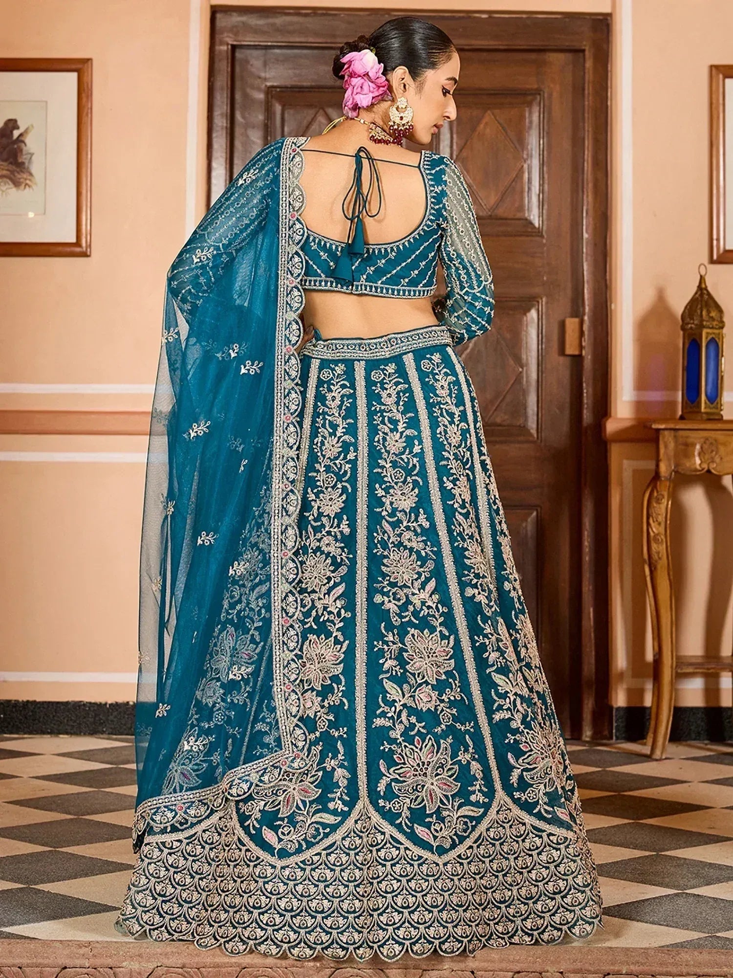 Gorgeous Teal Blue Sequins Embroidered Net Wedding Wear Lehenga Choli