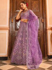 Glamorous Lavender Thread Embroidered Net Engagement Lehenga Choli