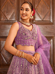 Glamorous Lavender Thread Embroidered Net Engagement Lehenga Choli