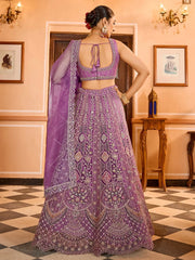 Glamorous Lavender Thread Embroidered Net Engagement Lehenga Choli
