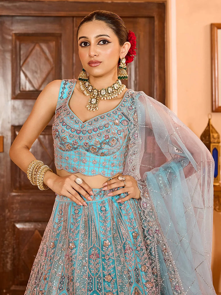 Elegant Blue Sequins Embroidered Net Wedding Wear Lehenga Choli