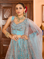 Elegant Blue Sequins Embroidered Net Wedding Wear Lehenga Choli