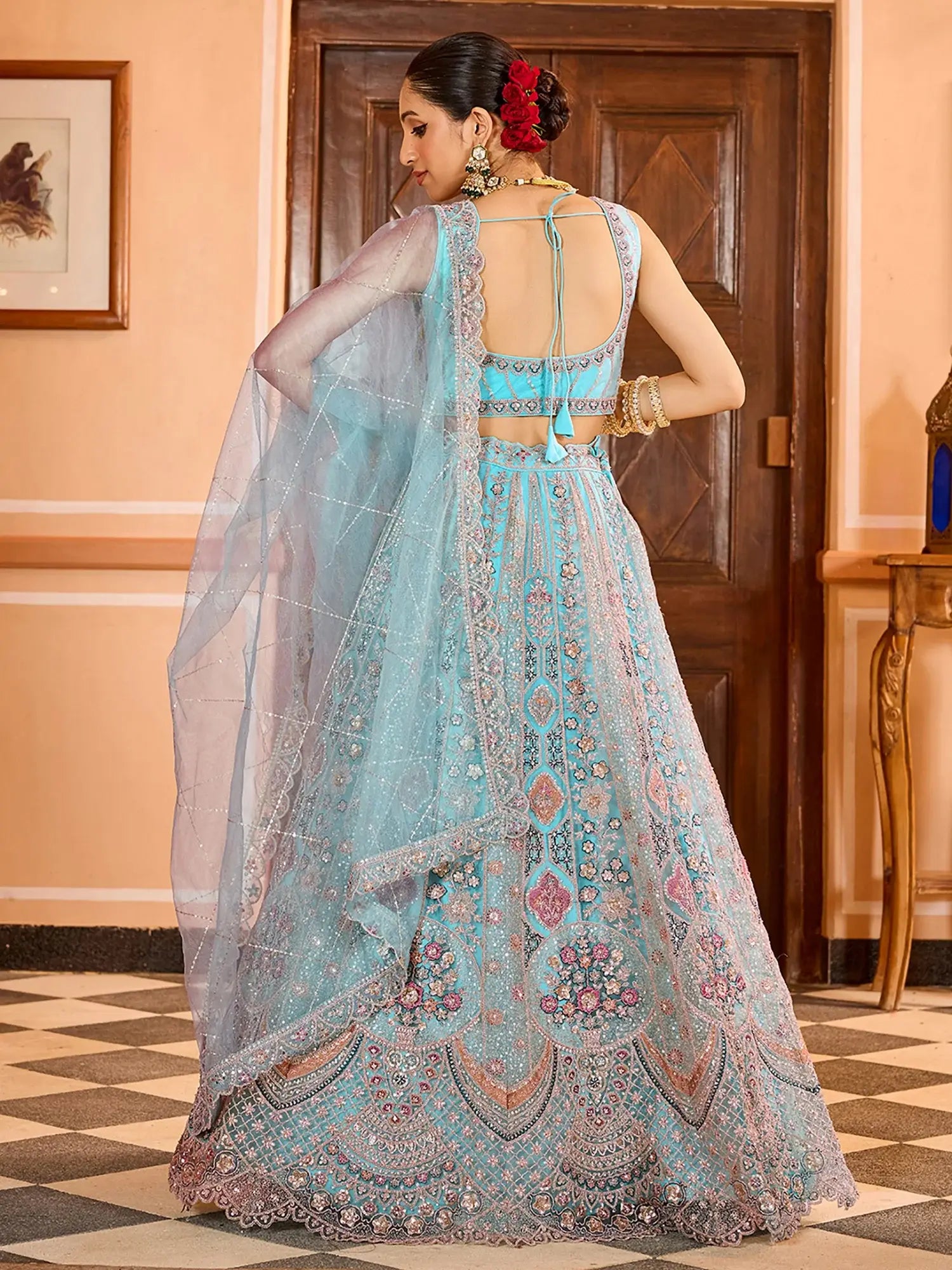Elegant Blue Sequins Embroidered Net Wedding Wear Lehenga Choli