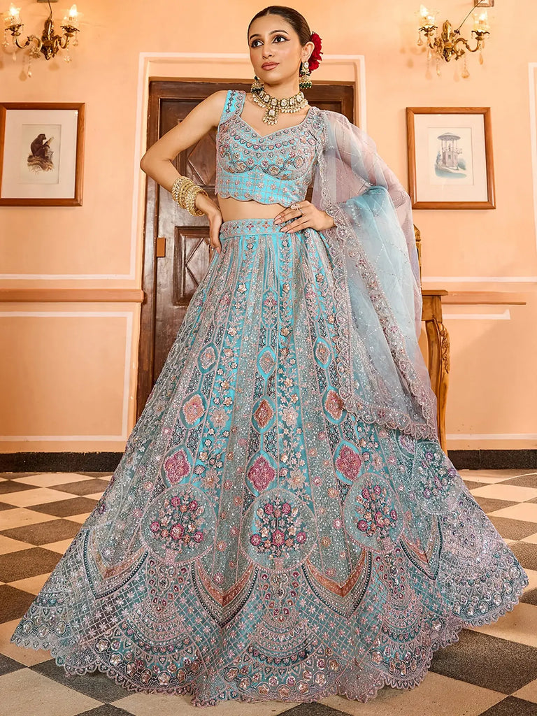 Elegant Blue Sequins Embroidered Net Wedding Wear Lehenga Choli