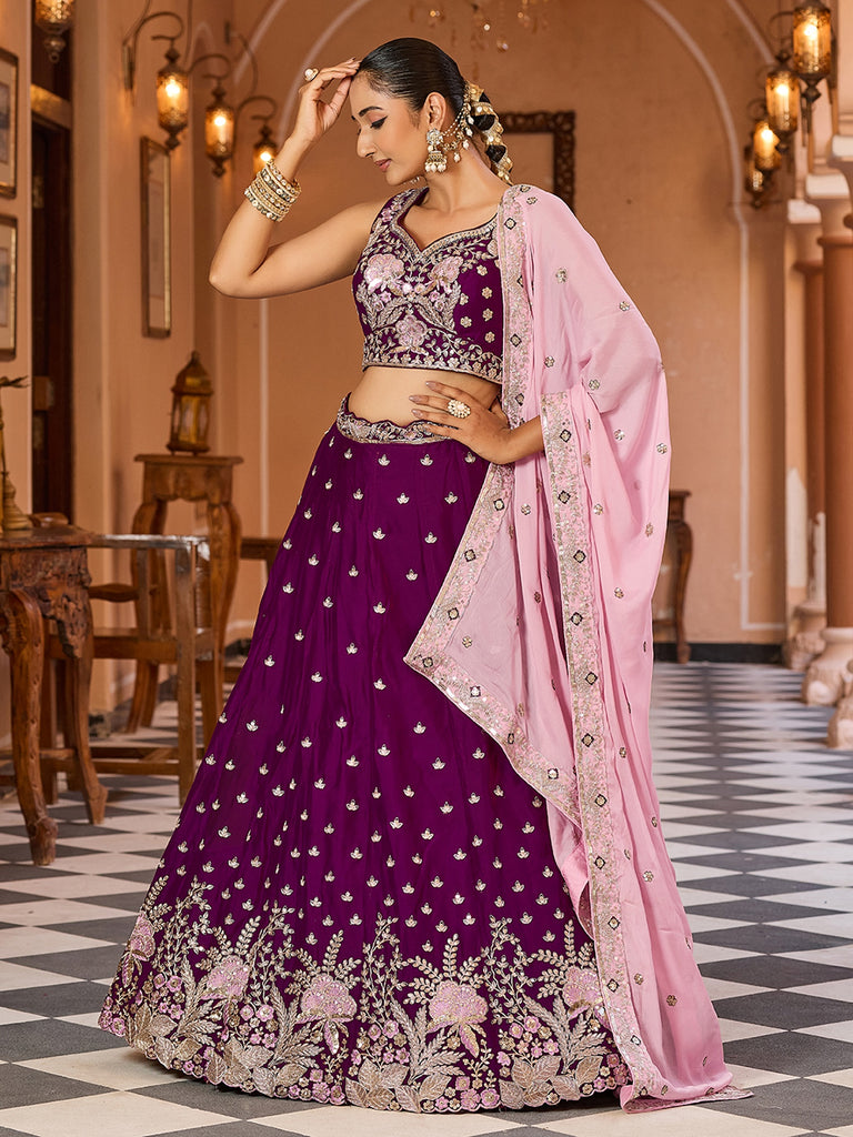 Stunning Purple Embroidered Georgette Bridesmaid Lehenga Choli