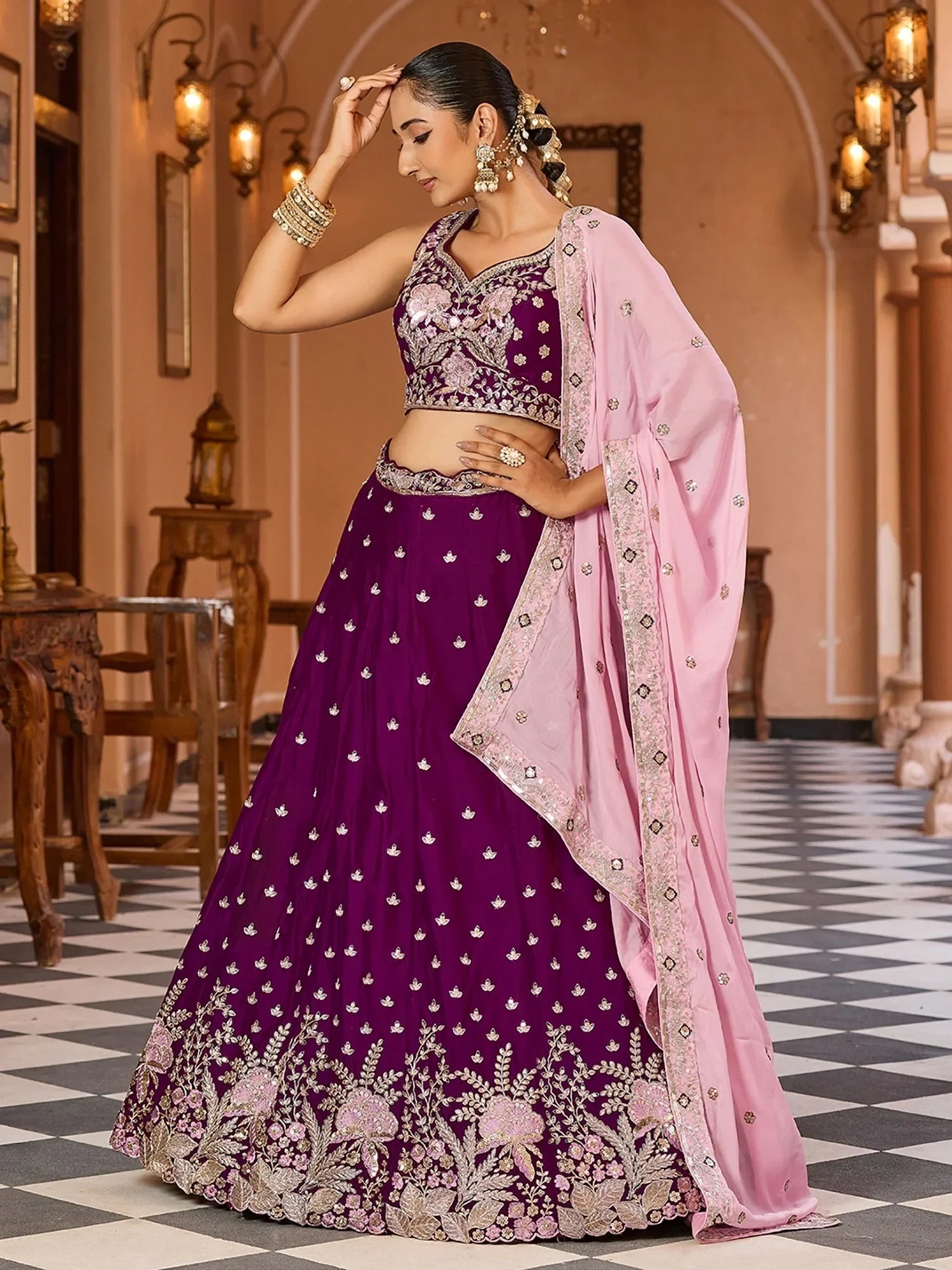 Stunning Purple Embroidered Georgette Bridesmaid Lehenga Choli