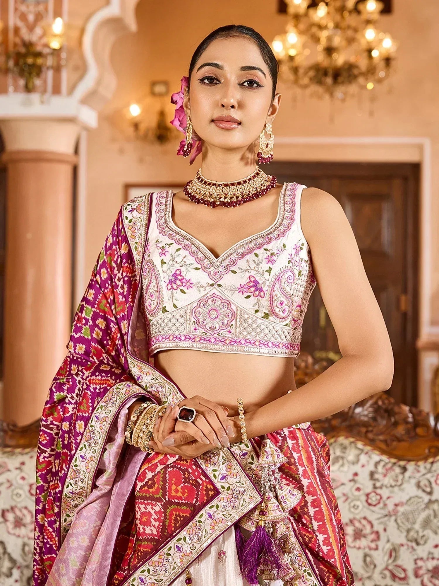 Elegant Cream Embroidered Tissue Engagement Waer Lehenga Choli