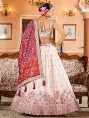 Elegant Cream Embroidered Tissue Engagement Waer Lehenga Choli