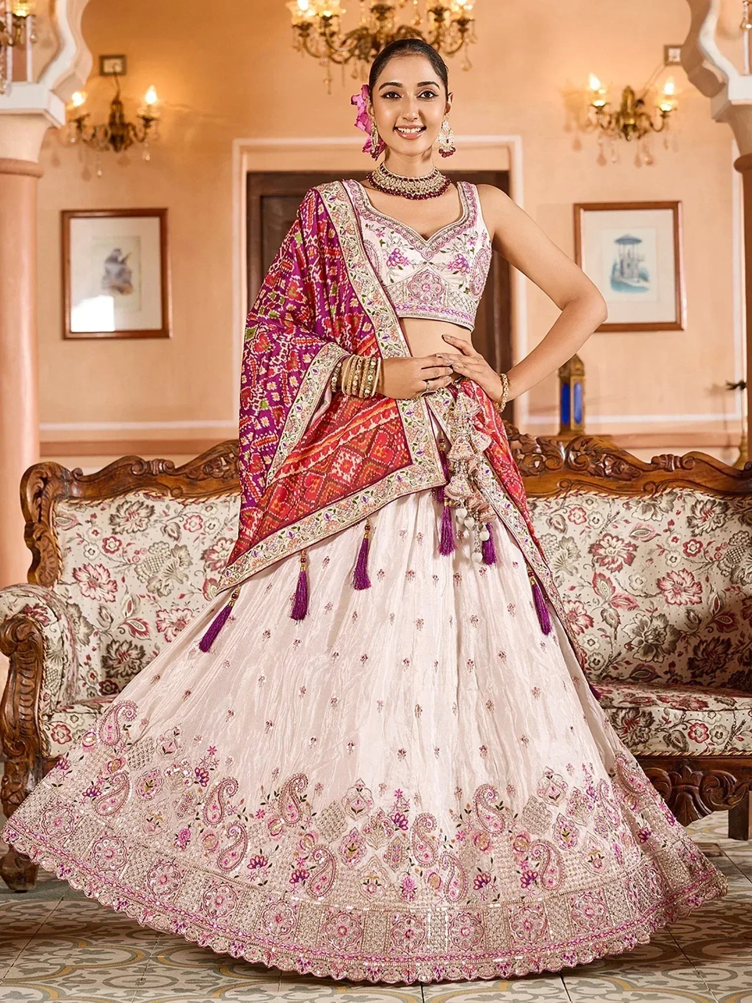 Elegant Cream Embroidered Tissue Engagement Waer  Lehenga Choli