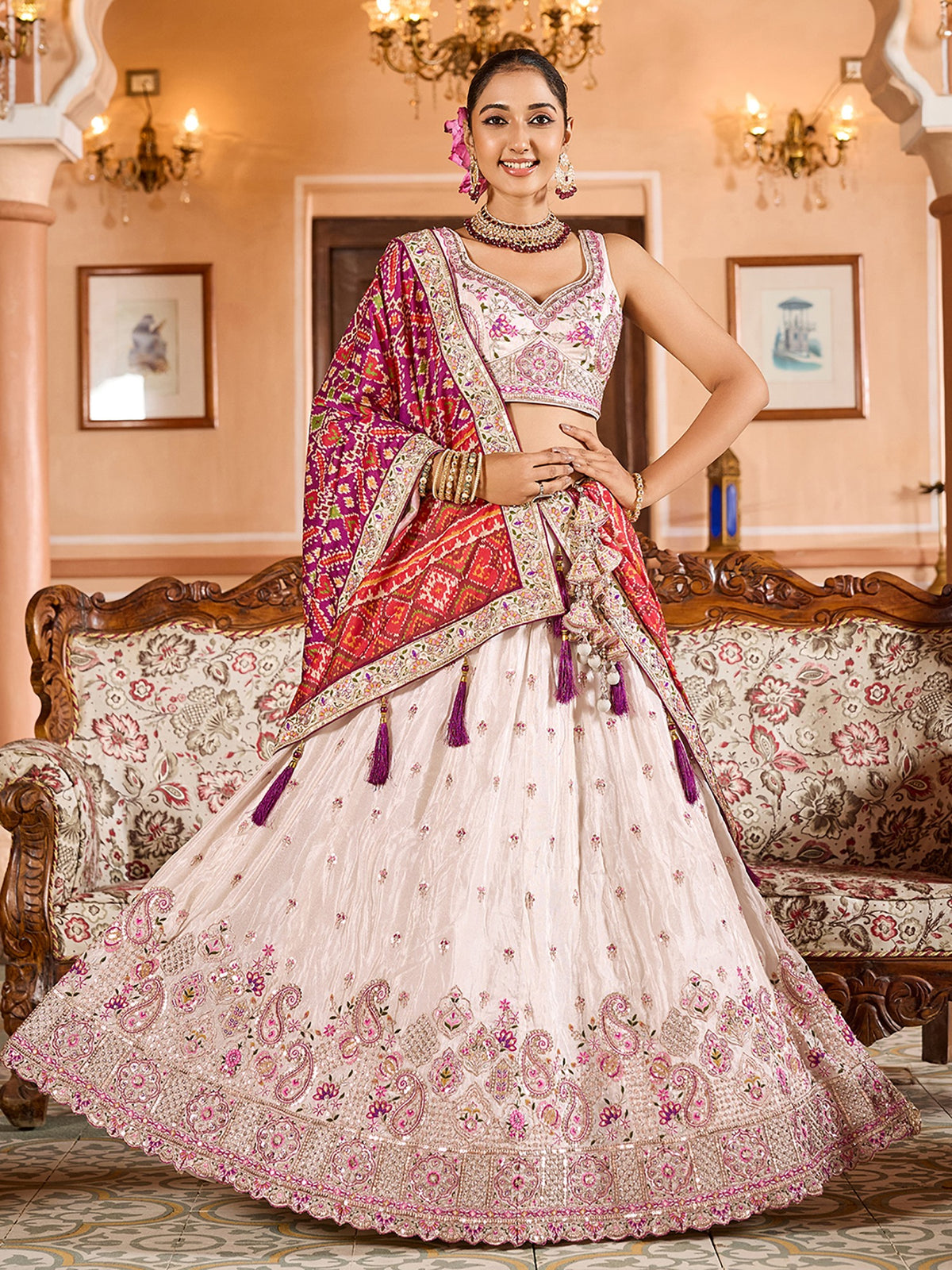 Elegant Cream Embroidered Tissue Engagement Waer  Lehenga Choli