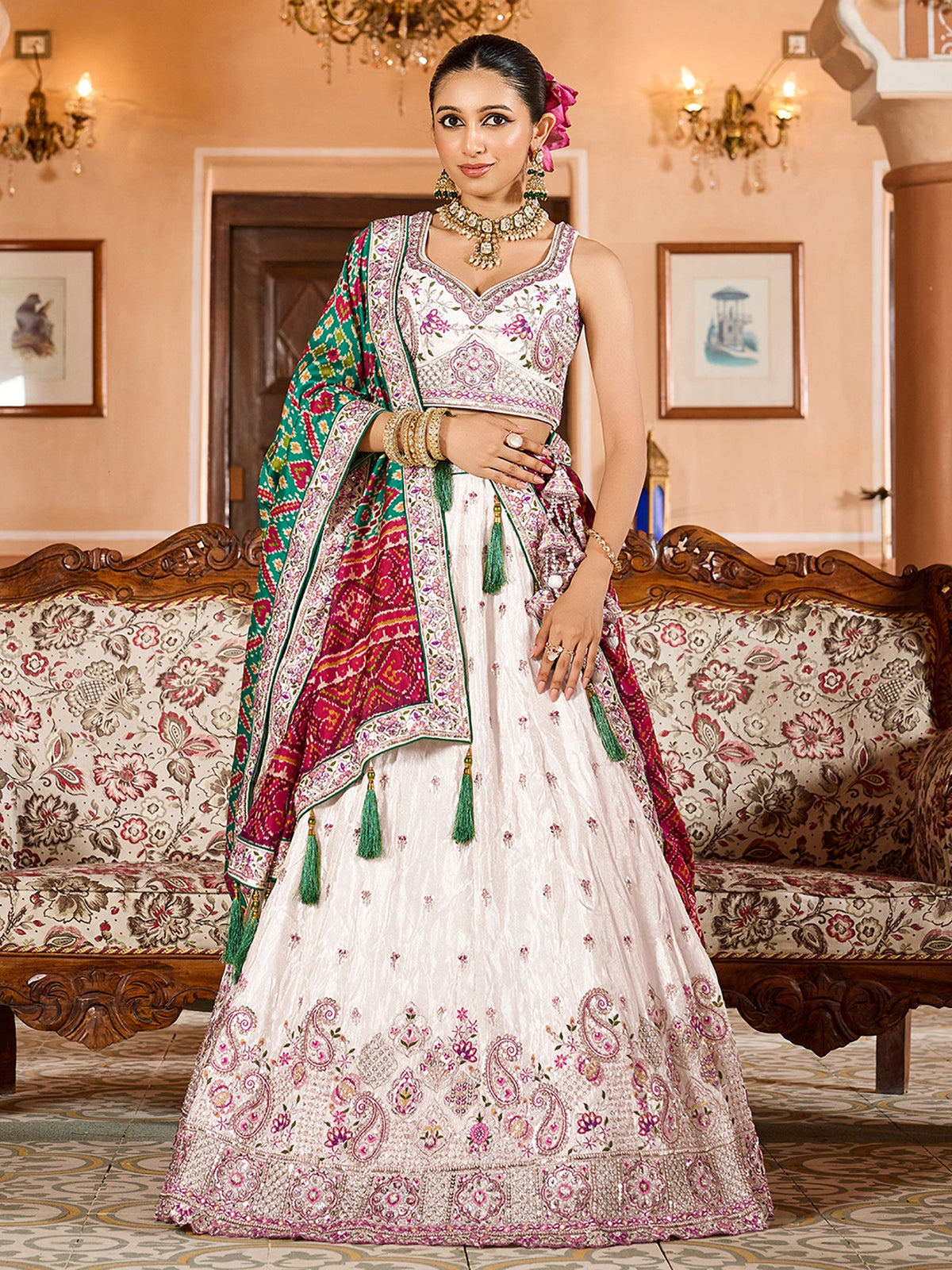 Lovely Cream Embroidered Tissue Bridesmaid Lehenga Choli