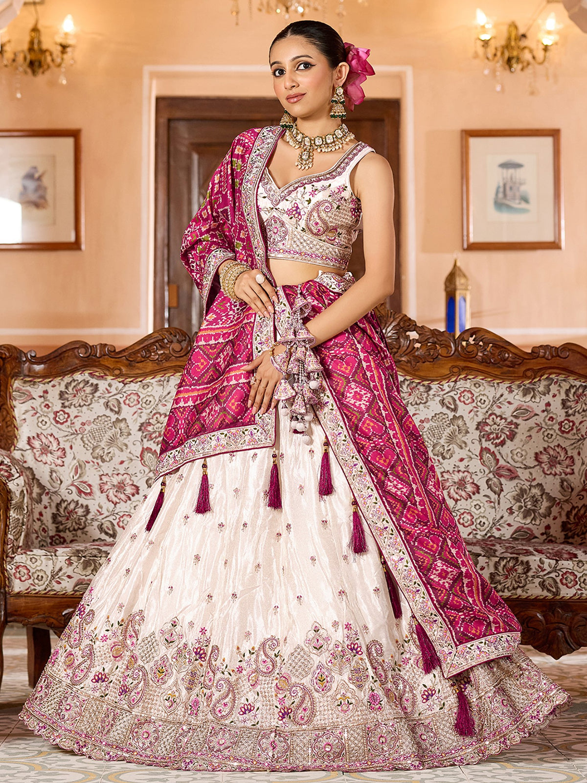 Charming Cream Embroidered Tissue Wedding Wear Lehenga Choli