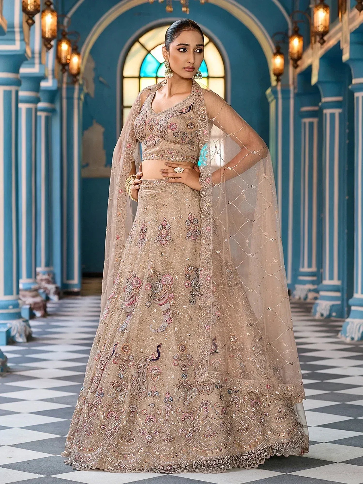 Fabulous Beige Embroidered Net Reception Wear Lehenga Choli