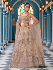 Fabulous Beige Embroidered Tissue Silk Reception Wear Lehenga Choli