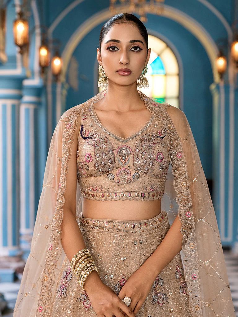 Fabulous Beige Embroidered Tissue Silk Reception Wear Lehenga Choli