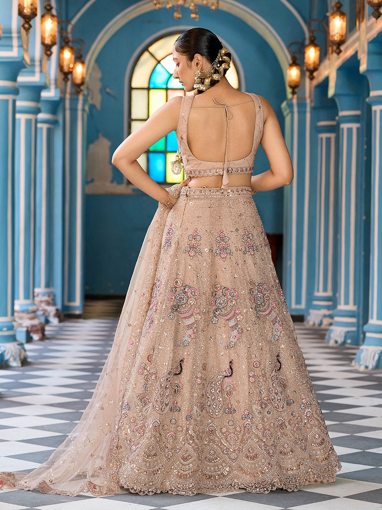 Fabulous Beige Embroidered Tissue Silk Reception Wear Lehenga Choli