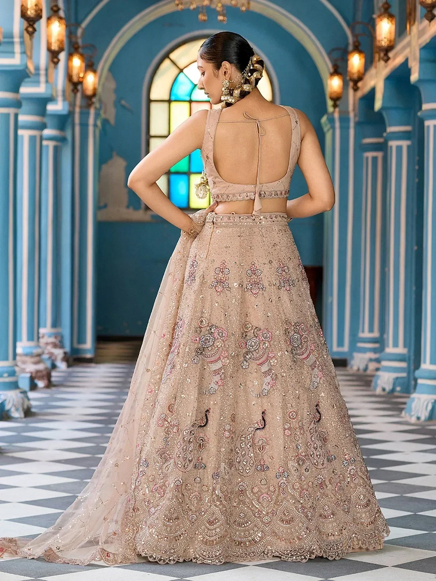 Fabulous Beige Embroidered Net Reception Wear Lehenga Choli
