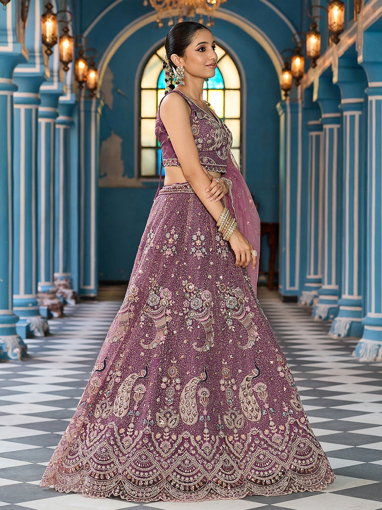 Pretty Lavender Embroidered Tissue Silk Reception Wear Lehenga Choli