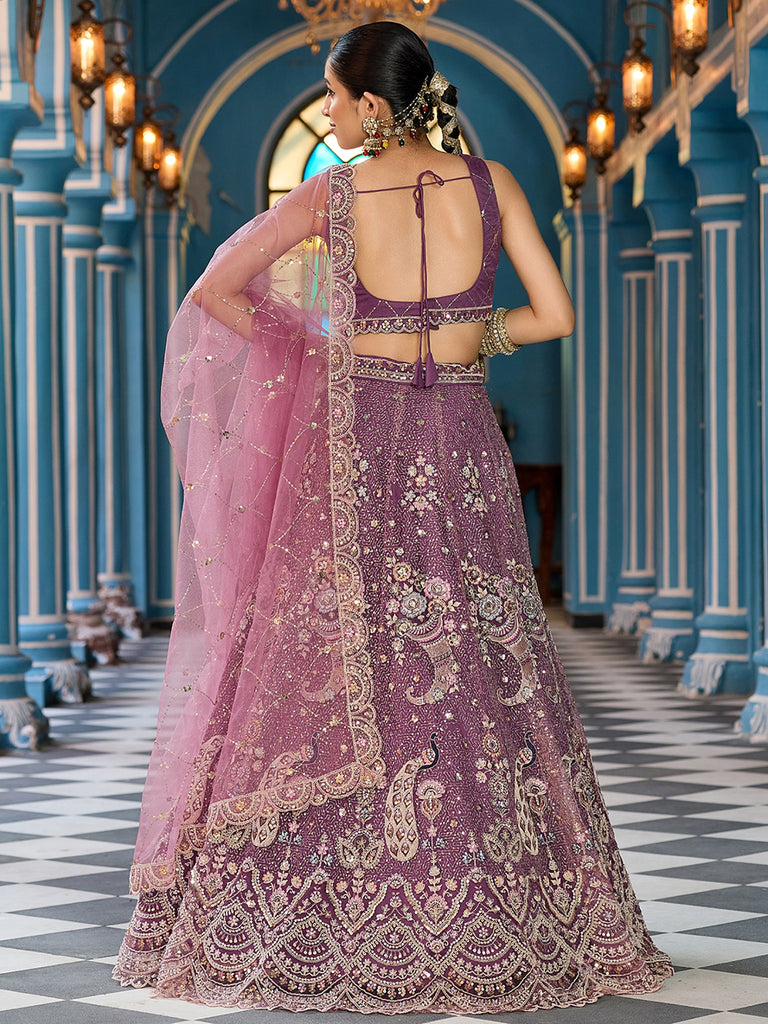 Pretty Lavender Embroidered Tissue Silk Reception Wear Lehenga Choli